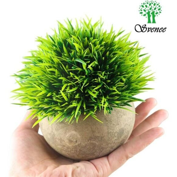 Mini Artificial Plants Set of 2 Faux Green Grass in Grey Pots for Home Office De - Picture 3 of 8